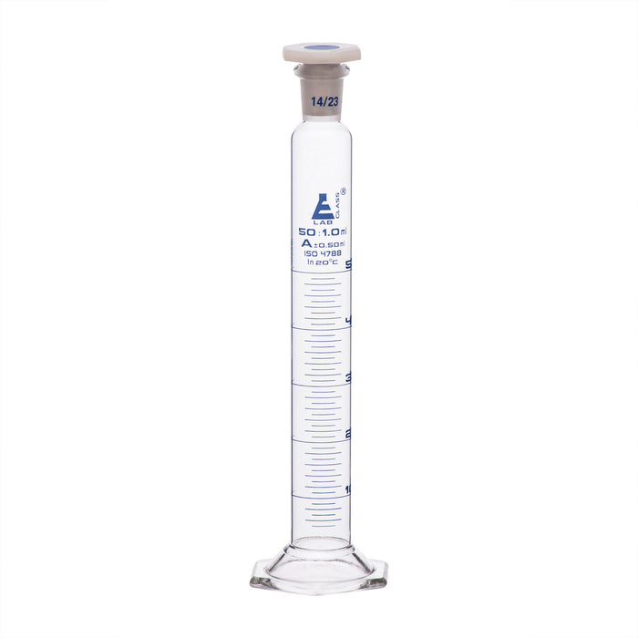 Measuring Cylinder, 50mL - Class A - 14/23 Polypropylene Stopper - Hexagonal Base, Blue Graduations - Borosilicate Glass - Eisco Labs