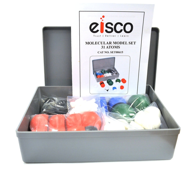 Eisco - Molecular Model Set for Chemistry, 31 Atoms with 20 Links, Plastic Storage Case, Color Coded Atomic Models for Teaching Molecular Geometry, VSEPR, Bonding
