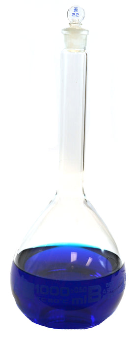 Volumetric Flask, 1000ml - Class B, ASTM - Tolerance ±0.600 ml - Glass Stopper -  Single, Blue Graduation - Eisco Labs