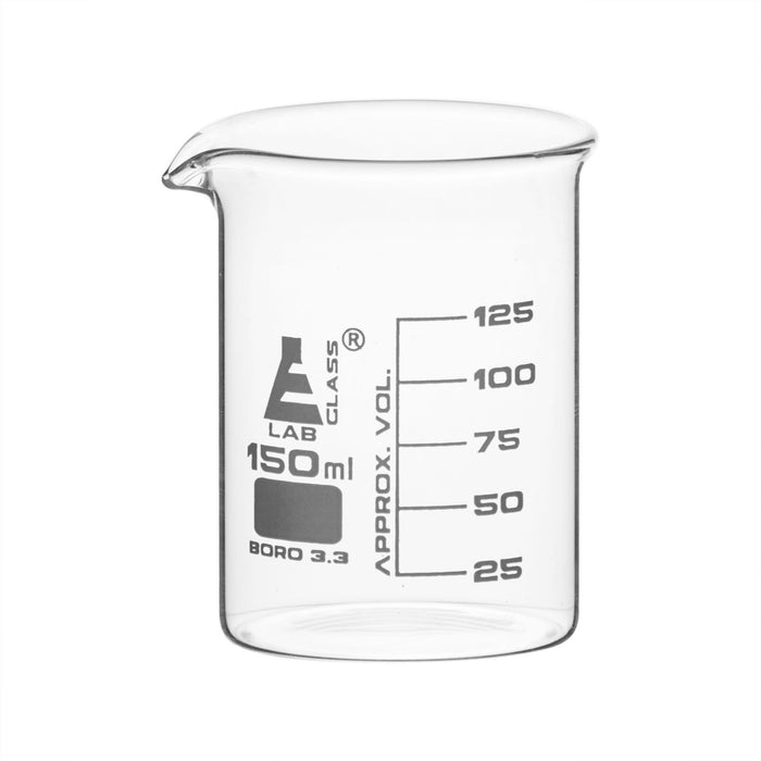 12PK Beakers, 150ml - Low Form - 25ml Graduations - Borosilicate Glass