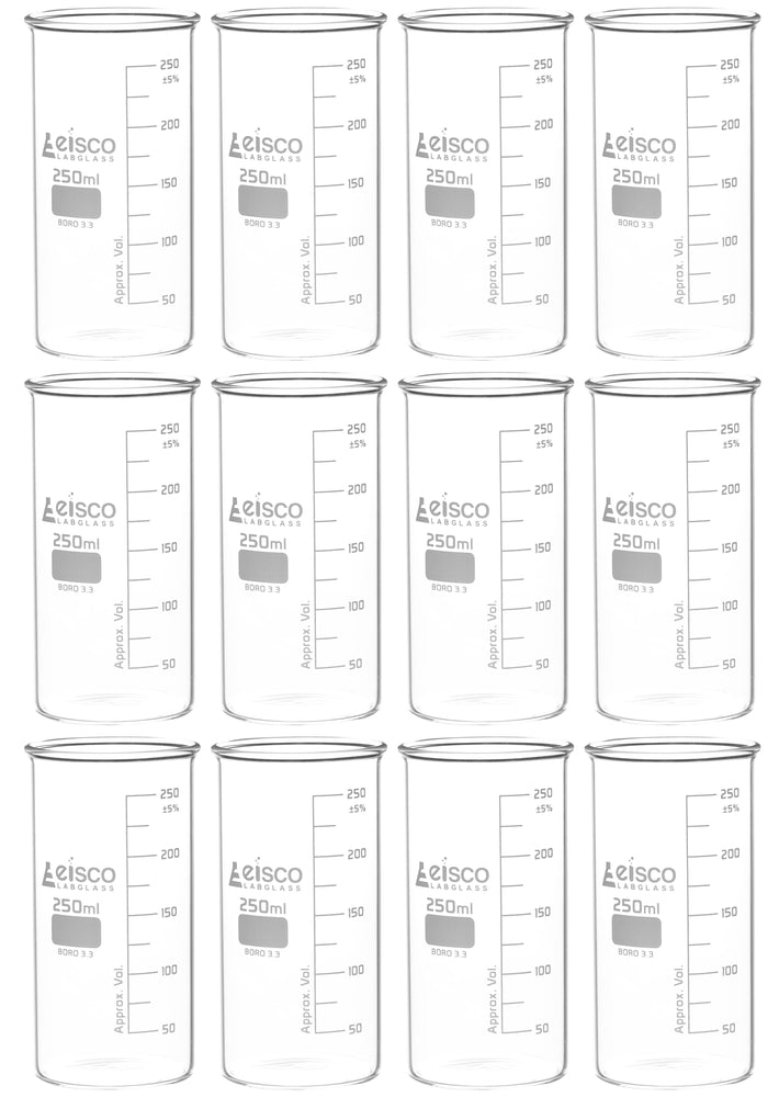 12PK Beakers, 250mL Berzelius Tall Form, No Spout Graduated Boro