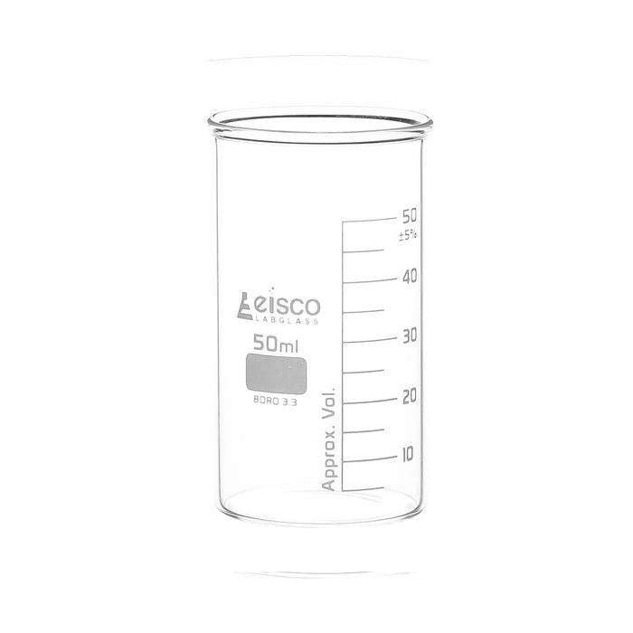Beaker, 50mL - Berzelius Tall Form, No Spout - Graduated - Borosilicate Glass
