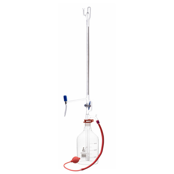 Automatic Zero Burette, 100ml - Class B - 34/35 Joint Size - 0.20±ml Tolerance, 0.20ml Sub. Divisions - 2000ml Reservoir Capacity - With Intermediate Stopcock & Schellbach Stripe - Eisco Labs