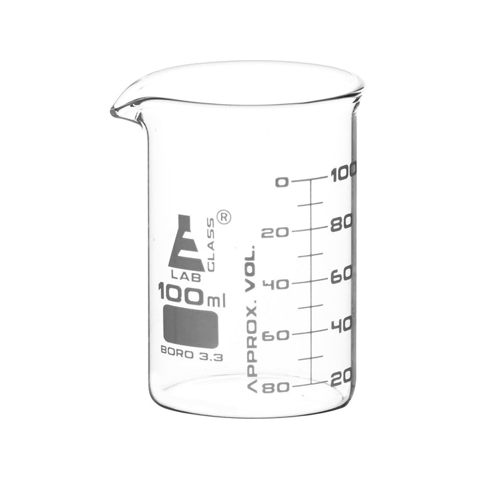 12PK Beakers, 100ml - ASTM - Low Form, Dual Scale Graduations - Borosilicate Glass