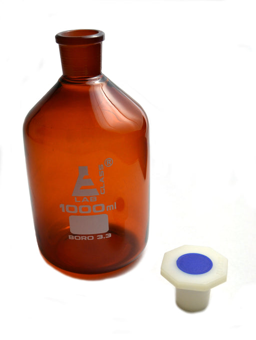 Eisco Labs 1000 ml Amber Reagent Bottle , Narrow Mouth with Acid Proof Polypropylene stopper, Socket Size 29/32