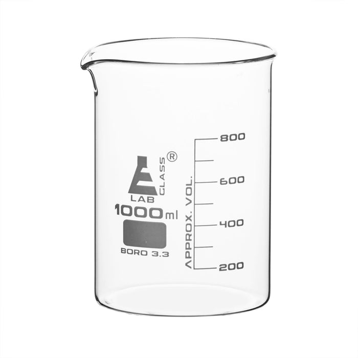 6PK Beakers, 1000mL - Low Form - 100mL Graduations - Borosilicate Glass