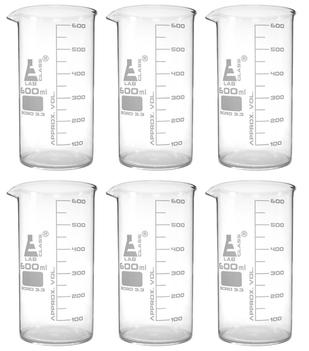 6PK Beakers, 600ml - Tall Form - Graduated - Borosilicate Glass