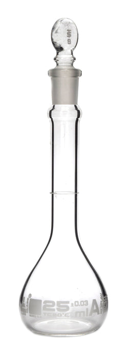 Volumetric Flask, 25ml - Class A, ASTM - Tolerance ±0.030 ml - Glass Stopper -  Single, White Graduation - Eisco Labs