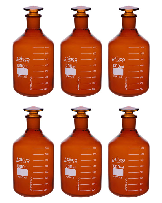 6PK Reagent Bottles, Amber, 1000mL - Graduated - Narrow Mouth with Solid Glass Stopper - Borosilicate Glass