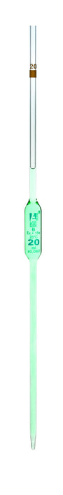 Bulb Form Pipette, 20ml - Class B, Tolerance ±0.060 - Blue Graduations - Color Code, Yellow - Borosilicate Glass - Eisco Labs