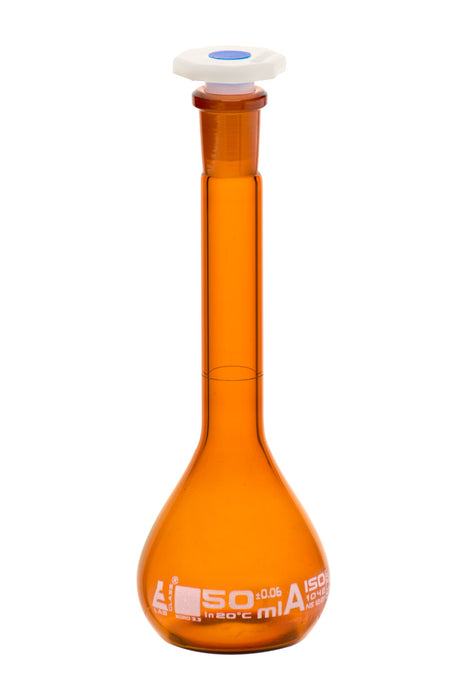 Volumetric Flask, 50ml - Class A - 12/21 Polypropylene Stopper, Borosilicate Glass, Amber - White Graduation Mark, Tolerance ±0.060 ml - Eisco Labs