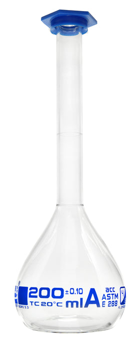 Volumetric Flask, 200ml - Class A, ASTM - Snap Cap - Blue Graduation Mark, Tolerance ±0.100ml - Eisco Labs