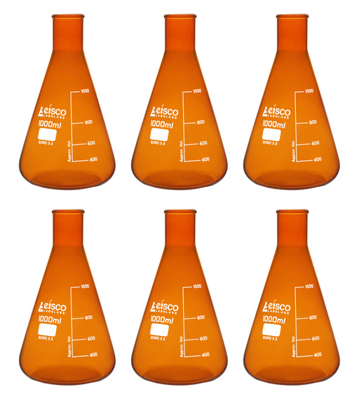 6PK Erlenmeyer Flask, Amber, 1000mL - Narrow Neck - Borosilicate Glass