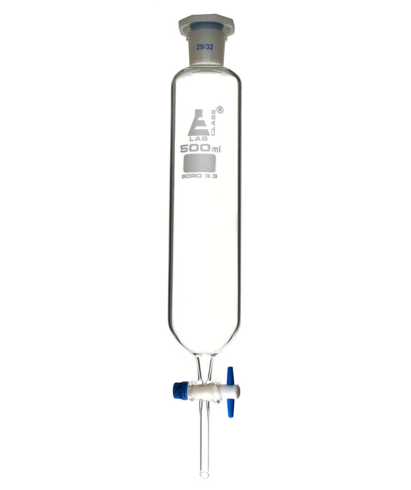 Dropping Funnel, 500ml - 29/32 Plastic Stopper - Ungraduated, PTFE Key Stopcock - Cylindrical - Borosilicate Glass - Eisco Labs