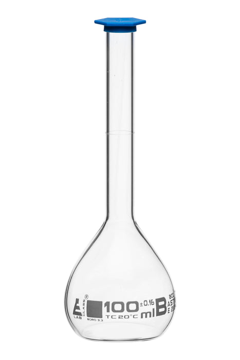 Volumetric Flask, 100ml - Class B, ASTM - Tolerance ±0.160ml - Snap Cap - Single, White Graduation - Borosilicate Glass - Eisco Labs