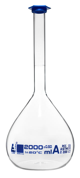 Volumetric Flask, 2000ml - ASTM, Class A Tolerance ±0.50 ml - Blue Snap Cap - Single, White Graduation, Blue Printed Specifications - Borosilicate 3.3 Glass - Eisco Labs
