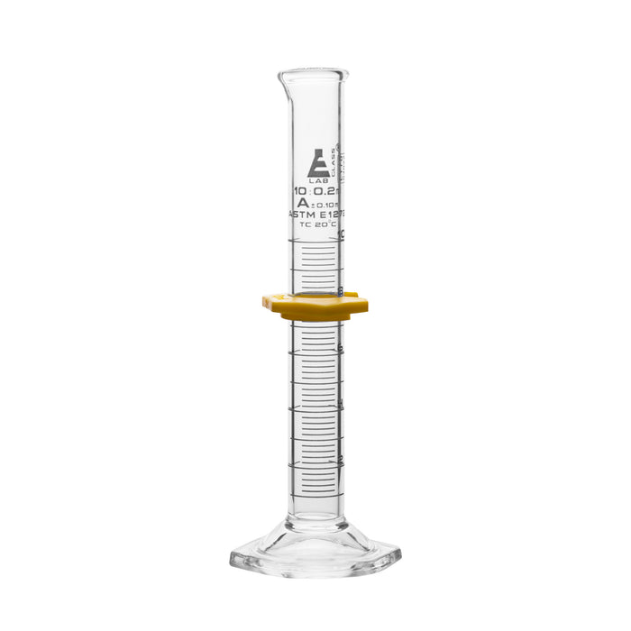 Measuring Cylinder, 10ml - ASTM, Class A Tolerance ±0.10ml - Protective Collar, Hexagonal Base - White Graduations - Borosilicate 3.3 Glass - Eisco Labs