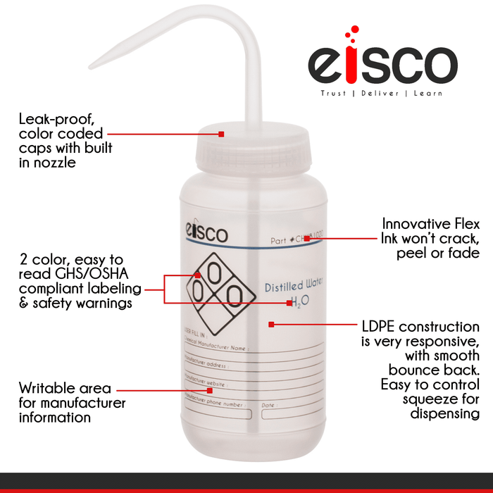 Performance Plastic Wash Bottle, Distilled Water, 1000 ml - Labeled (2 Color)
