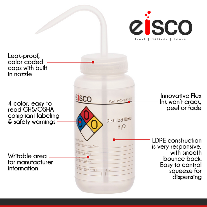 6PK Performance Plastic Wash Bottle, Ethanol, 1000 ml - Labeled (4 Color)