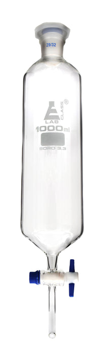 Dropping Funnel, 1000ml - 29/32 Plastic Stopper - Ungraduated, PTFE Key Stopcock - Cylindrical - Borosilicate Glass - Eisco Labs