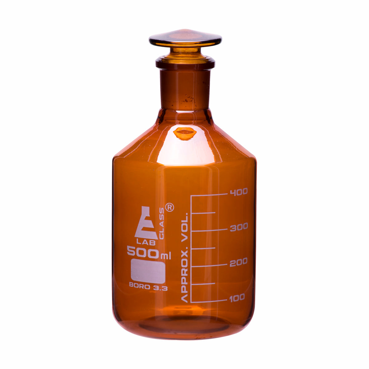 Reagent Bottle, Amber, 500mL - Graduated - Narrow Mouth with Solid