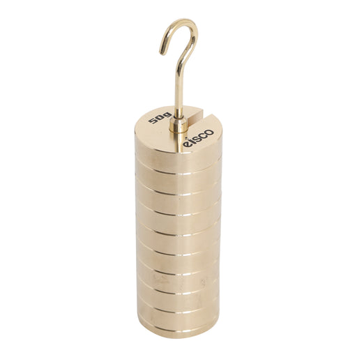 Slotted Set of Masses and Hanger - Brass, Set of 9 weights, one hanger each of 50g, Total 500 g