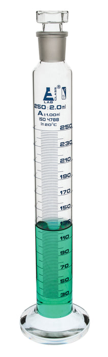 Graduated Cylinder, 250mL - Class A - 24/29 Socket - Polypropylene Stopper - Round Base, Blue Graduations - Borosilicate Glass