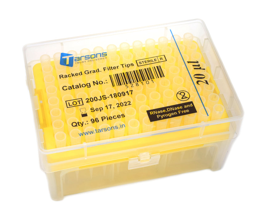 Racked Filter Tips, 20µl - 96 Tips - Graduated - Hydrophobic, Polyethylene Filtered Tips - Sterile, Autoclavable - Eisco Labs