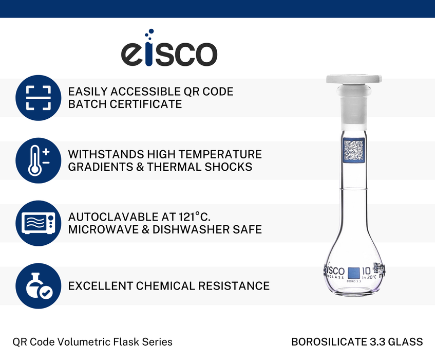 Volumetric Flask, 10mL - Class A - Borosilicate Glass, Polyethylene Stopper, 10/19 Socket - QR Code Marking for Calibration Certificate