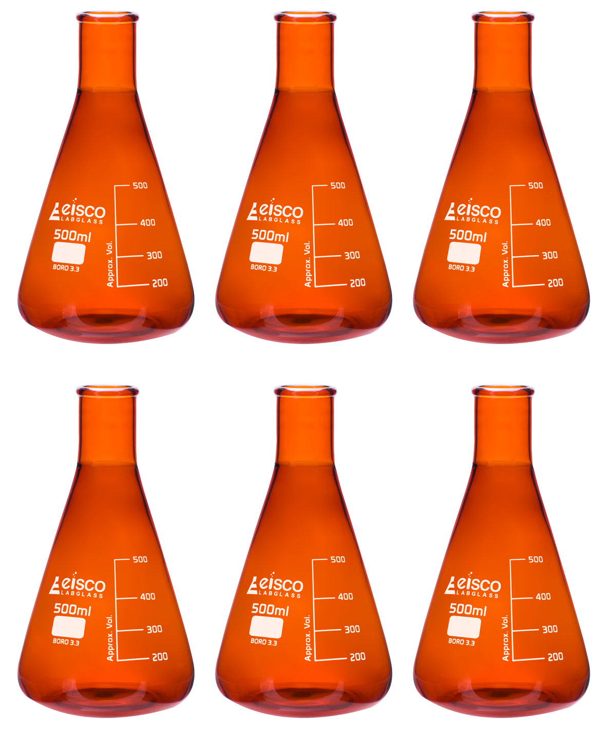 6PK Erlenmeyer Flask, Amber, 500mL Narrow Neck Borosilicate Glass — Eisco Labs