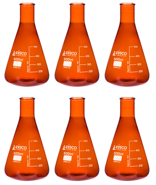 6PK Erlenmeyer Flask, Amber, 500mL - Narrow Neck - Borosilicate Glass