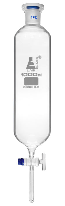 Dropping Funnel, 1000ml - 29/32 Plastic Stopper - Ungraduated, Glass Key Stopcock - Cylindrical, Borosilicate Glass - Eisco Labs