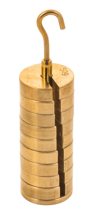 Slotted Set of Masses and Hanger - Brass, Set of 9 weights, one hanger each of 50g, Total 500 g