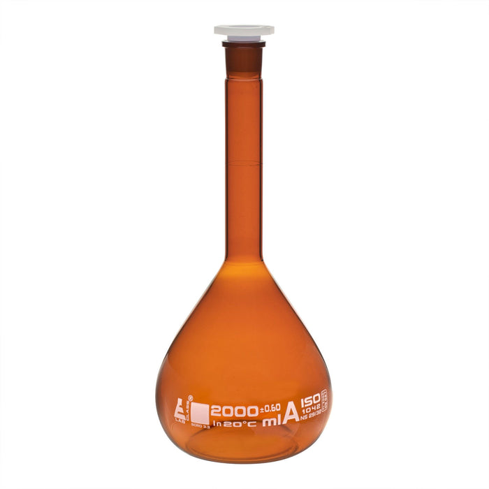 Volumetric Flask, 2000ml - Class A - Polypropylene Stopper - Borosilicate 3.3 Glass - Eisco Labs