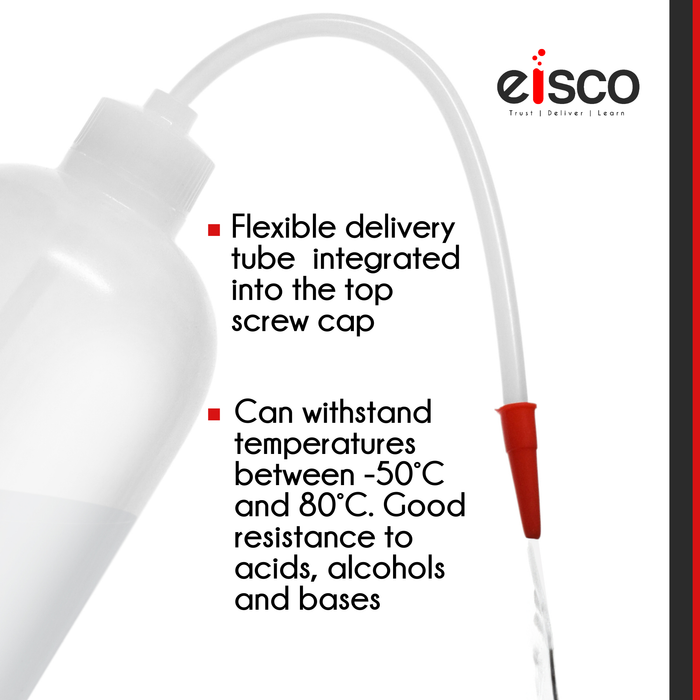 Eisco Labs 125ml, and 250ml Polyethylene Wash Bottle with Delivery Tube, Screw Cap, and Tube Cap, LDPE