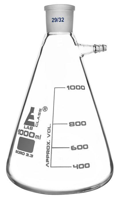 Buchner Filtering Flask, 1000ml - Socket Size 29/32 -  Interchangeable Joint - Side Arm - Borosilicate Glass - Eisco Labs