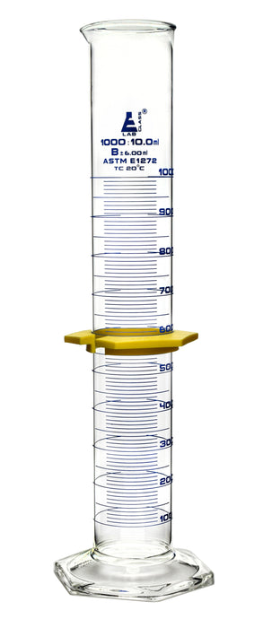 Graduated Cylinder, 1000mL - ASTM Class B - Protective Collar, Hexagonal Base - Blue Graduations - Borosilicate Glass
