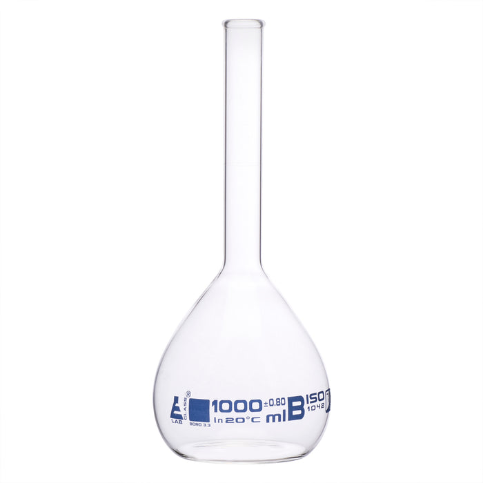 Volumetric Flask, 1000ml - Class B - Borosilicate Glass - Blue Graduation, Tolerance ±0.800 - No Stopper, Beaded Rim - Eisco Labs
