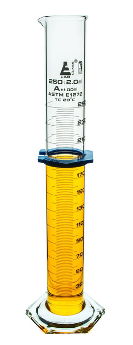 Graduated Cylinder, 1000mL - ASTM Class A - Protective Collar, Hexagonal Base - White Graduations - Borosilicate Glass