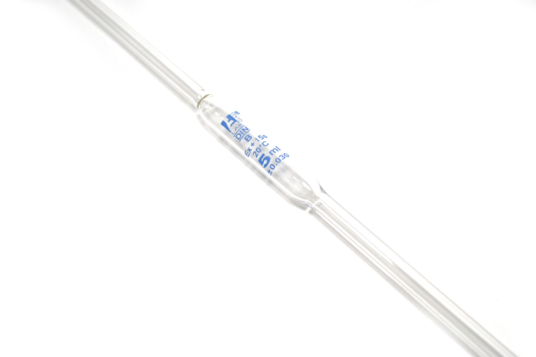 Bulb Form Pipette, 5ml - Class B, Tolerance ±0.030 - Blue Graduations - Color Code, White - Borosilicate Glass - Eisco Labs