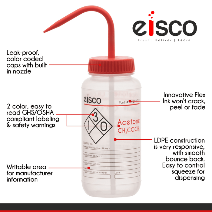 2PK Performance Plastic Wash Bottle, Acetone, 1000 ml - Labeled (2 Color)
