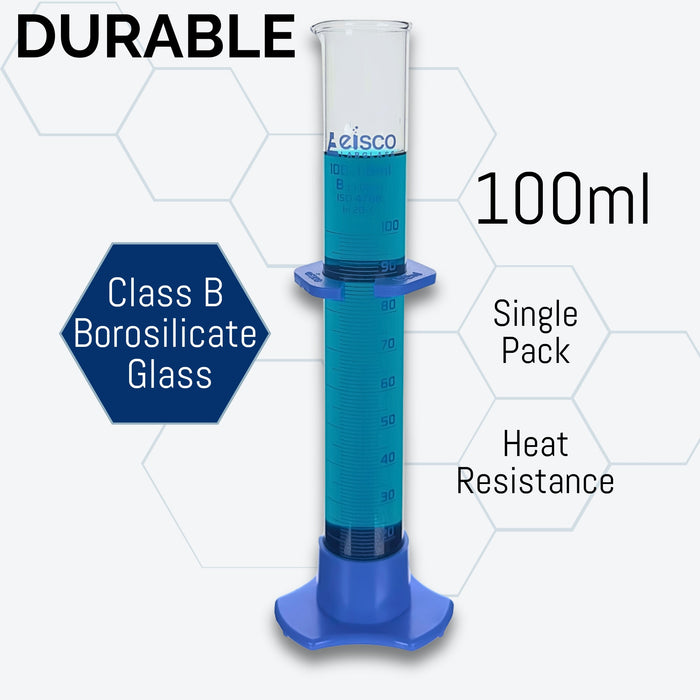 Graduated Cylinder, 100mL - Class B - Detachable, Plastic Hexagonal Base & Protective Collar - Blue Graduations - Borosilicate Glass