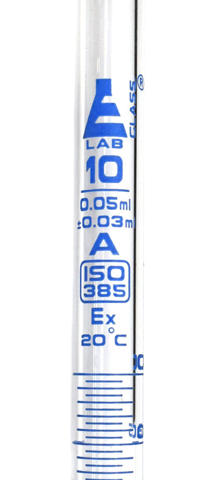 Burette, 10ml - Class A, DIN 385 Compliant, Borosilicate Glass with Glass Key Stopcock, 0.05ml Graduations - Eisco Labs