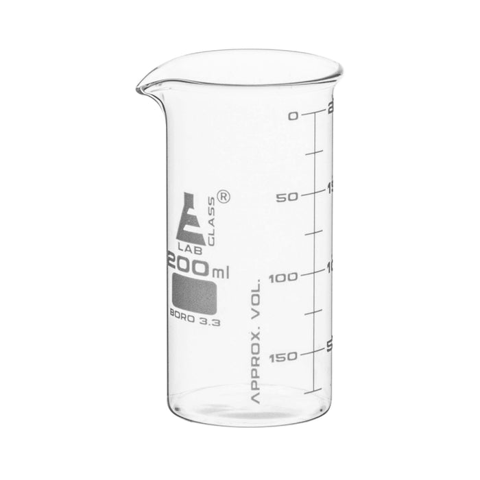 Beaker, 200ml - Tall Form - White Graduations - Borosilicate Glass