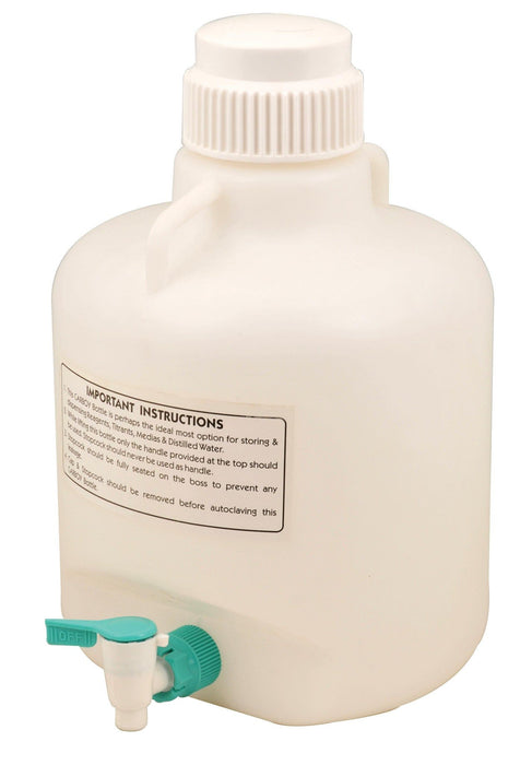 Carboy Bottle with Stopcock, 10 Liter Capacity - Polypropylene - With 2 Handles
