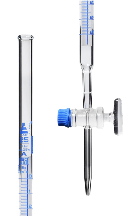 Schellbach Burette, 25mL - Class A, Includes Calibration Certificate - Glass Stopcock - Blue Graduations - Borosilicate Glass