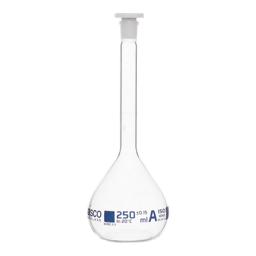 Volumetric Flask, 250mL - Class A - Borosilicate Glass, Polyethylene Stopper, 14/23 Socket - QR Code Marking for Calibration Certificate