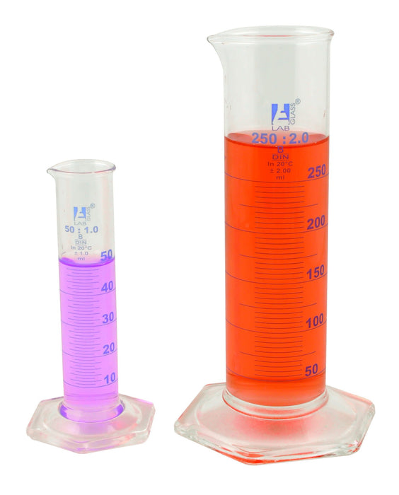 Graduated Cylinder, 1000mL - Class B - Squat Form - Hexagonal Base - Blue Graduations - Borosilicate Glass