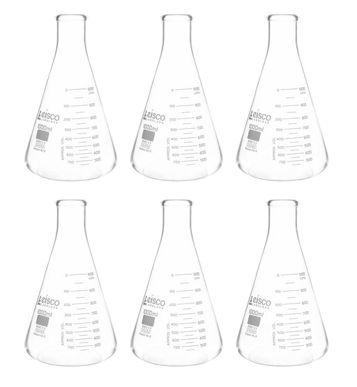 6PK Erlenmeyer Flasks, 1000mL - ASTM, Dual Graduated Scale - Borosilicate Glass