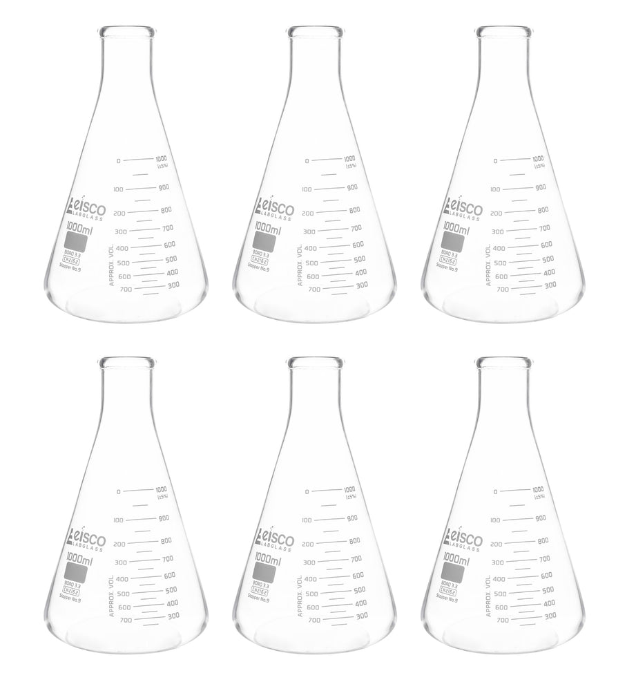 6PK Erlenmeyer Flasks, 1000mL ASTM, Dual Graduated Scale Borosilic